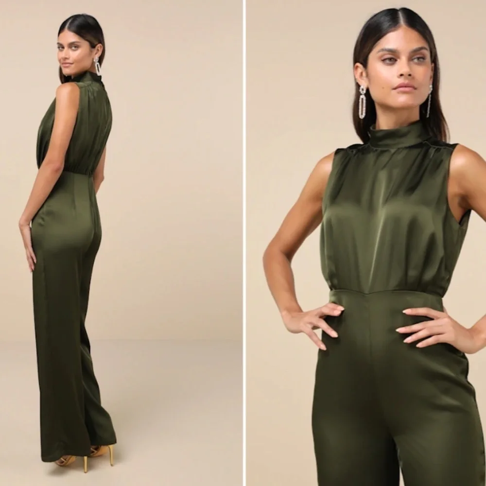 LULU's Wedding Formal Sexy Elegant Classy Chic Olive Green Satin Pantsuit - Picture 3 of 5